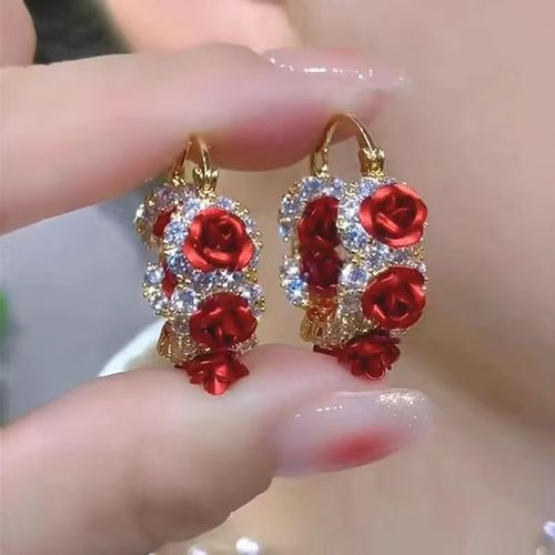 French Romantic Temperament, Red Rose Ear Buckle, Internet Famous, Fashionable, Western-style, High-end, Light Luxury