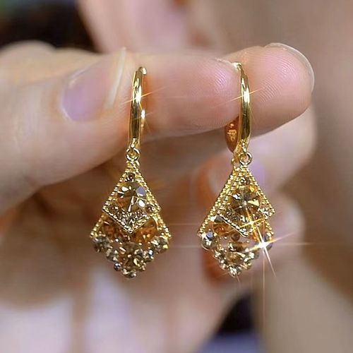 Advanced Coffee Colored Full Diamond Geometric Double-Layer Earrings Gold Plated Trendy Versatile Design for Women