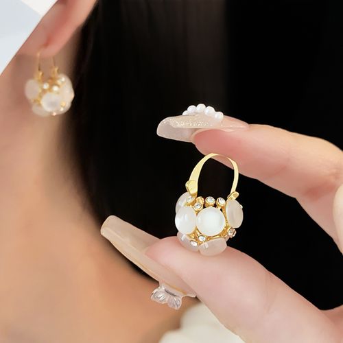 French Elegant Cat Eye Pearls Flower Basket Style Dangle Earrings Custom Jewelry for Women's Engagement & Wedding for Parties