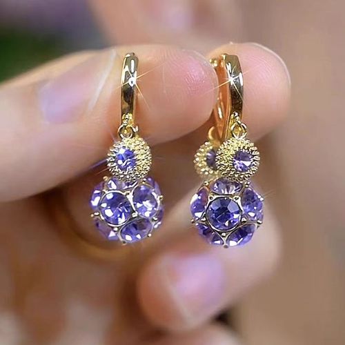 New Design Purple Crystal Ball Pendant Drop Earrings Rhinestone Geometric Hoop Earrings for Birthday Gift