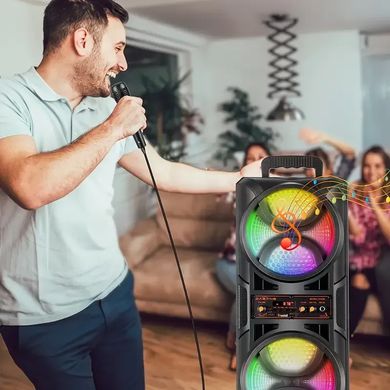 Dual 6.5 Inch Subwoofer Party Speaker Portable DJ Karaoke Tower with RGB Lights Wireless Microphone FM Radio