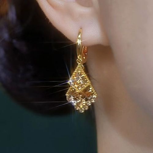 Advanced Coffee Colored Full Diamond Geometric Double-Layer Earrings Gold Plated Trendy Versatile Design for Women