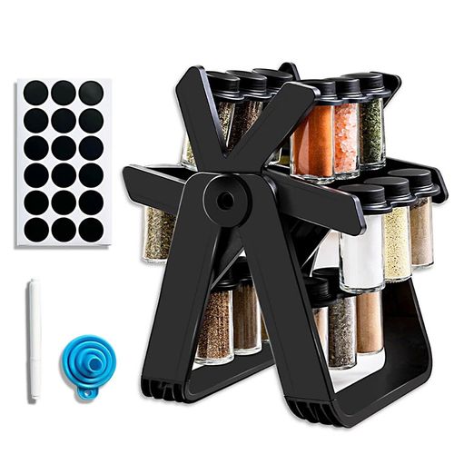 Rotating Spice Rack Organizer Set with Glass Jars - Kitchen Seasoning Storage Shelf