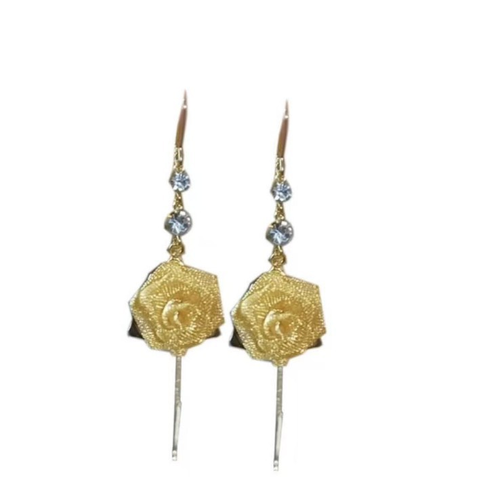 Long ear wire earrings made of copper alloy, featuring a niche, retro and three-dimensional yellow rose design. They are stylish with a French charm and extremely versatile.