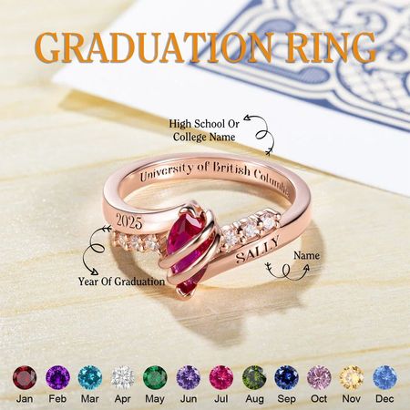 El birthstone personalizado grabó el texto, anillo personalizado de la graduación, regalo para usted