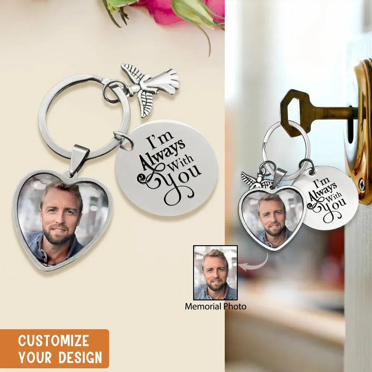 🕊️ Llavero personalizado de la foto conmemorativa-recuerdo personalizado de la imagen del corazón con el encanto del ángel y el mensaje del recuerdo