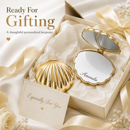 Espejo de bolsillo personalizado en forma de concha (personalizado con su nombre): un espejo de bolsillo elegante y plegable