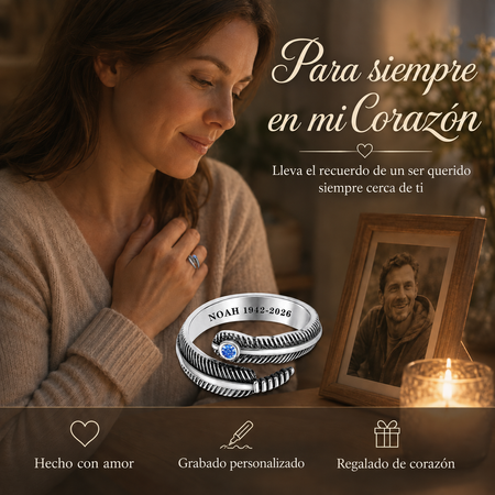 🪽 Anillo conmemorativo personalizado con motivo de pluma, piedra de nacimiento y grabado (nombre y fecha) – Joya simbólica de recuerdo