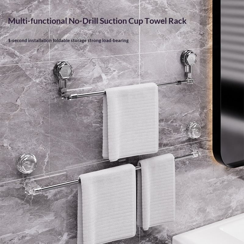 Suction cup towel rack, multi-functional, drill-free, strong wall-mounted bath towel rack, bathroom shelf, telescopic suction cup towel bar