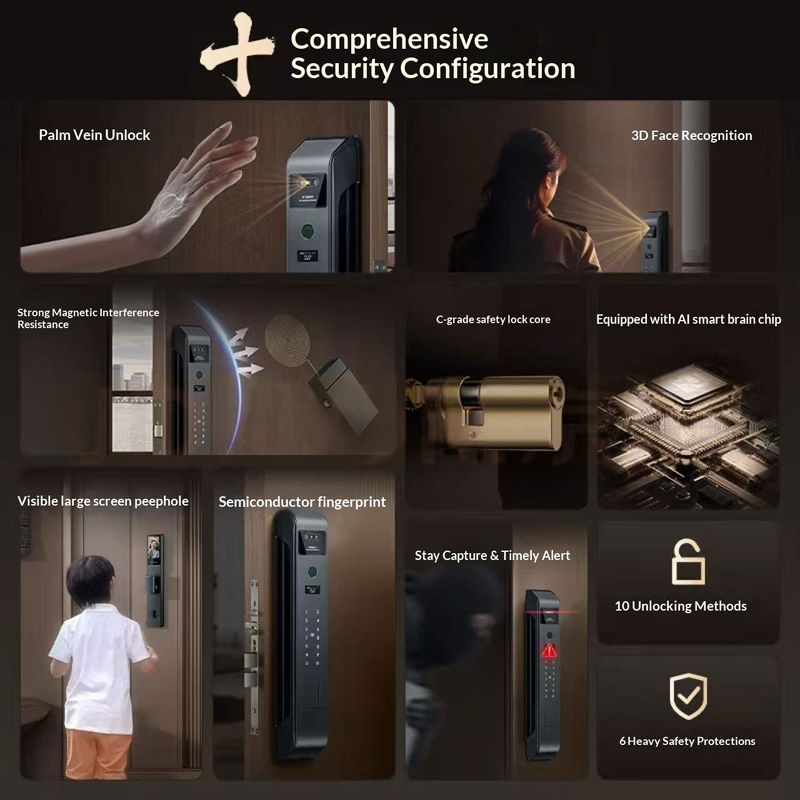 Face Recognition Smart Door Lock, Fingerprint & Password Entry Smart Lock for Front Door, Triple-Camera Monitoring, Cross-Border Tuya, Palm Vein Recognition