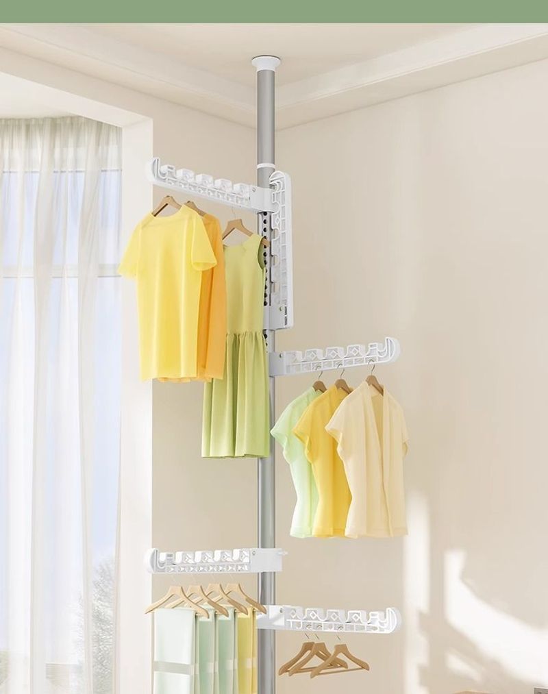 Floor-standing, ceiling-to-floor clothes drying rack for home and bedroom use, no drilling required, telescopic, clothes hanging tool, foldable and fixed