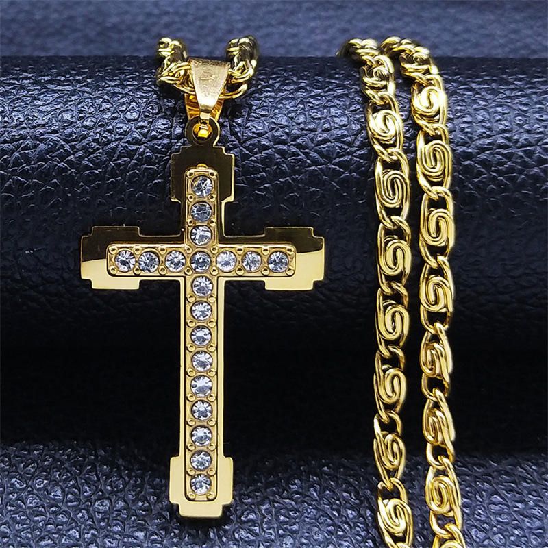 A stylish, luxurious, niche design diamond-encrusted cross necklace with a collarbone chain