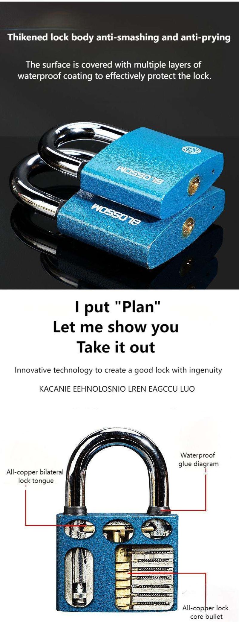 Meihua BC29 Brass Core Padlock Blue Spray-Painted Solid Iron Padlock Anti-Theft and Anti-Pry Lock for Outdoor Gates, Dormitory Cabinets