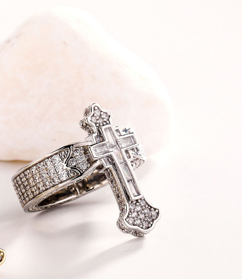New cross ring, micro-set diamonds, hip-hop style, high-end temperament couple rings, unisex design