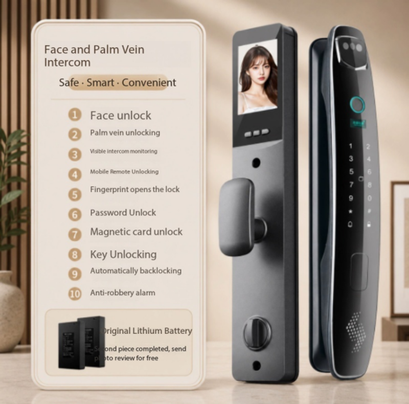 Face Recognition Smart Door Lock, Fingerprint & Password Entry Smart Lock for Front Door, Triple-Camera Monitoring, Cross-Border Tuya, Palm Vein Recognition