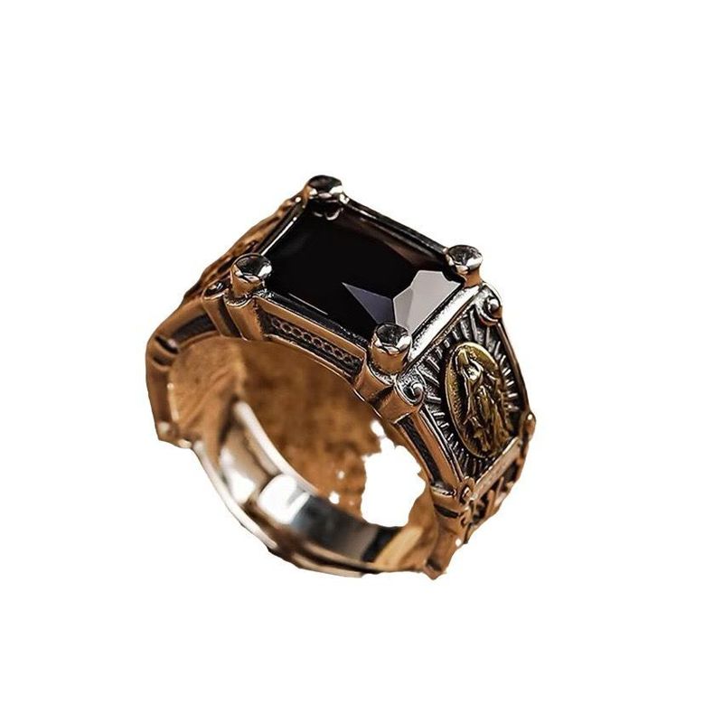 Men's Ring with Inlaid Black Stone, Adjustable Size, Personalized Hip-hop, Trendy Punk Ring for Men