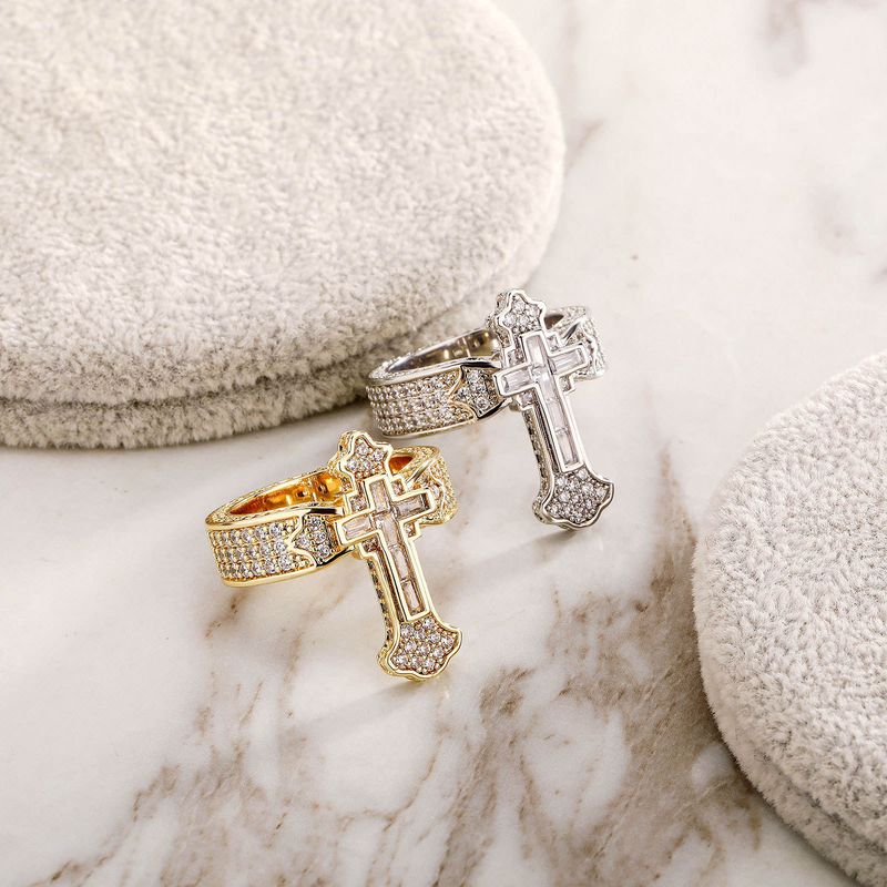 New cross ring, micro-set diamonds, hip-hop style, high-end temperament couple rings, unisex design