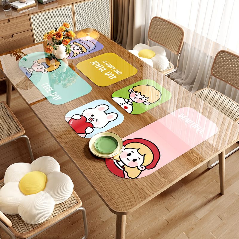 Dopamine-style transparent table mat, PVC soft glass, waterproof, oil-proof, heat-resistant, wash-free table cloth, cartoon mat for coffee tables and dining tables