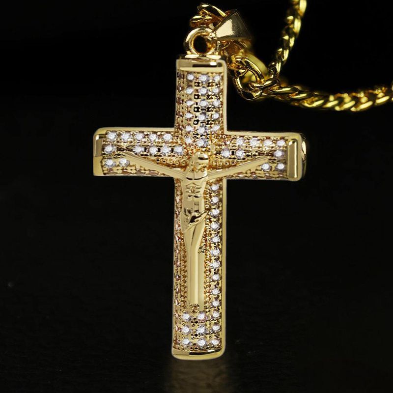 New HipHop 14k Stainless Steel Cross Pendant with Waterproof Gold Plated Rope Chain Poker Playing Cards Necklace for Gift Party