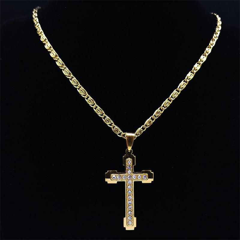 A stylish, luxurious, niche design diamond-encrusted cross necklace with a collarbone chain