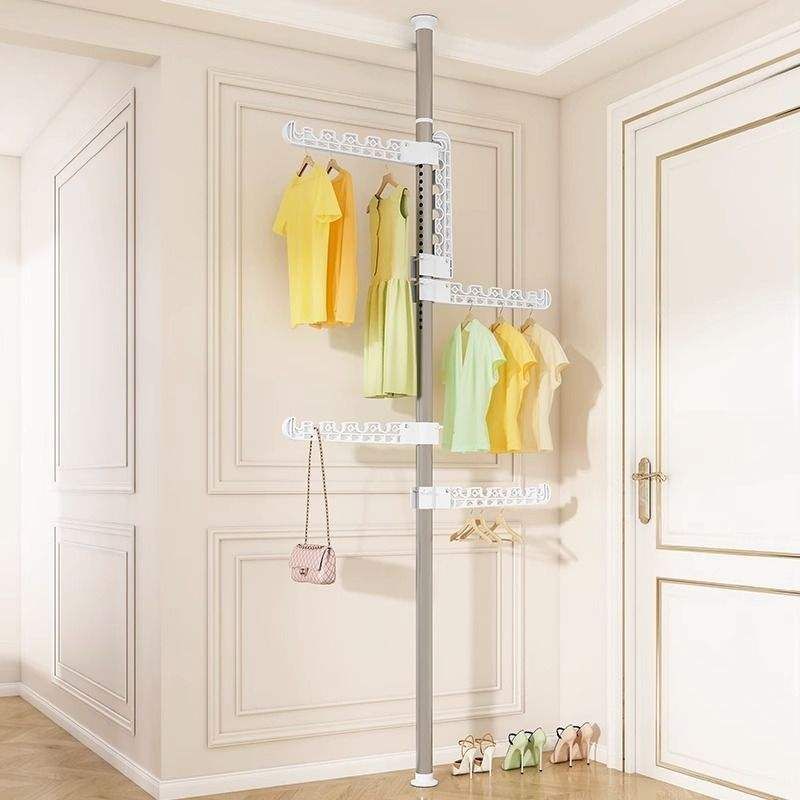 Floor-standing, ceiling-to-floor clothes drying rack for home and bedroom use, no drilling required, telescopic, clothes hanging tool, foldable and fixed