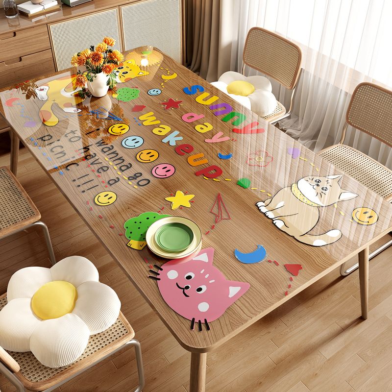 Dopamine-style transparent table mat, PVC soft glass, waterproof, oil-proof, heat-resistant, wash-free table cloth, cartoon mat for coffee tables and dining tables
