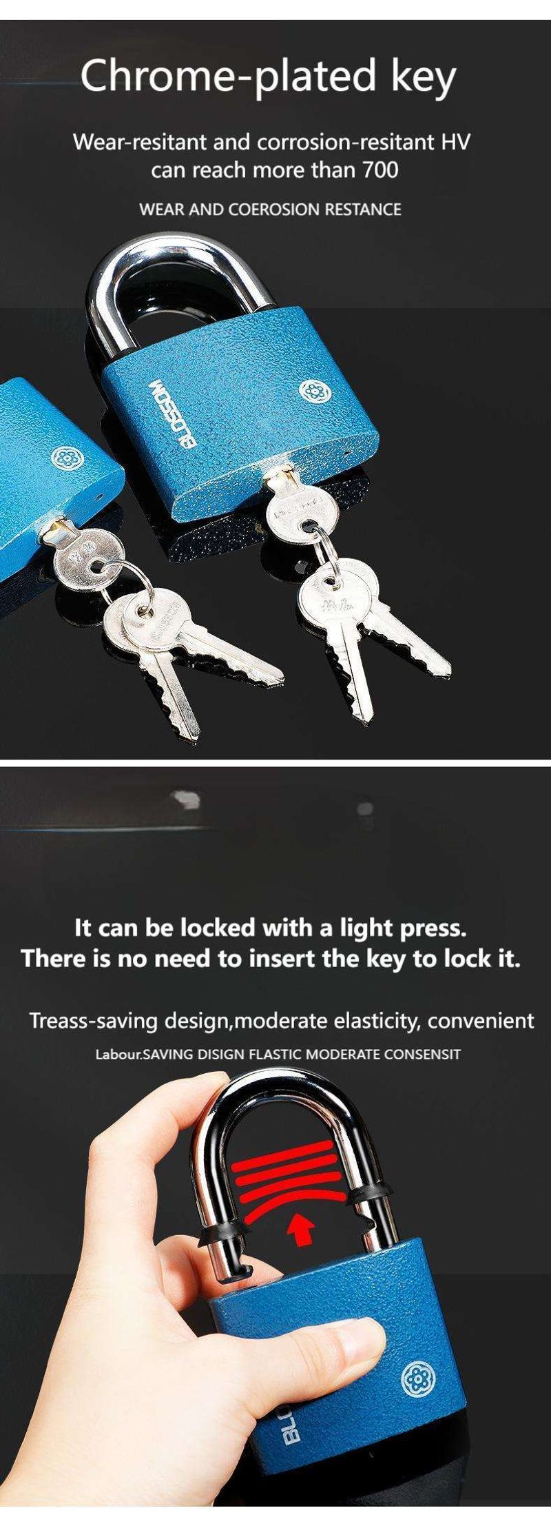 Meihua BC29 Brass Core Padlock Blue Spray-Painted Solid Iron Padlock Anti-Theft and Anti-Pry Lock for Outdoor Gates, Dormitory Cabinets