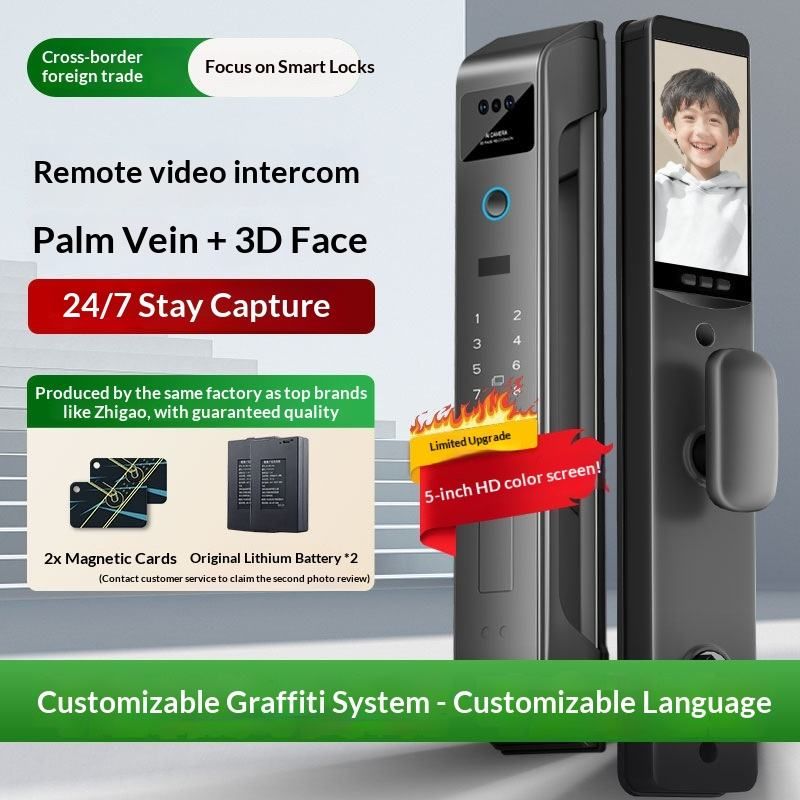 Face Recognition Smart Door Lock, Fingerprint & Password Entry Smart Lock for Front Door, Triple-Camera Monitoring, Cross-Border Tuya, Palm Vein Recognition