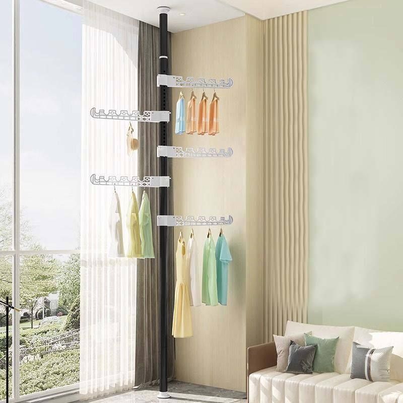 Floor-standing, ceiling-to-floor clothes drying rack for home and bedroom use, no drilling required, telescopic, clothes hanging tool, foldable and fixed