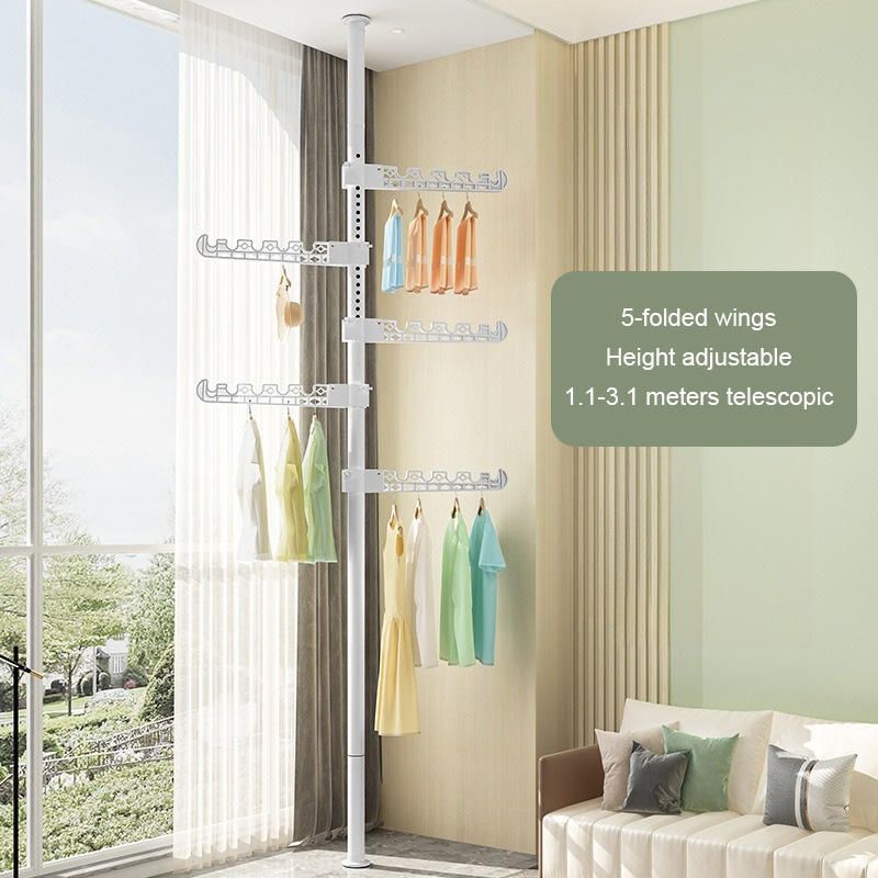 Floor-standing, ceiling-to-floor clothes drying rack for home and bedroom use, no drilling required, telescopic, clothes hanging tool, foldable and fixed