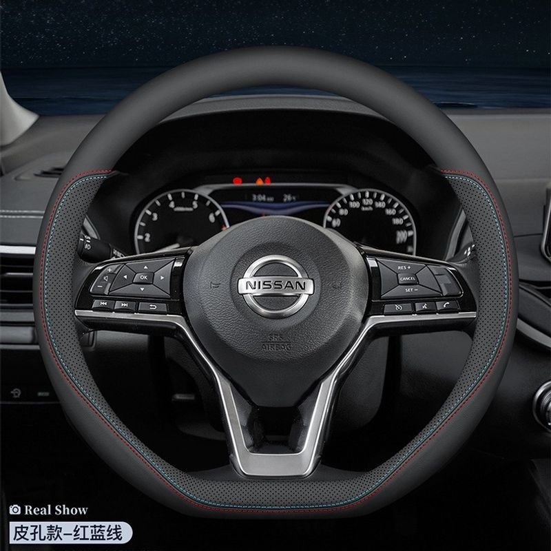 Genuine Leather Steering Wheel Cover for Nissan, Compatible with 14th Gen Sylphy, Teana, Tiida, Sunny, Qashqai, X-Trail and Kicks