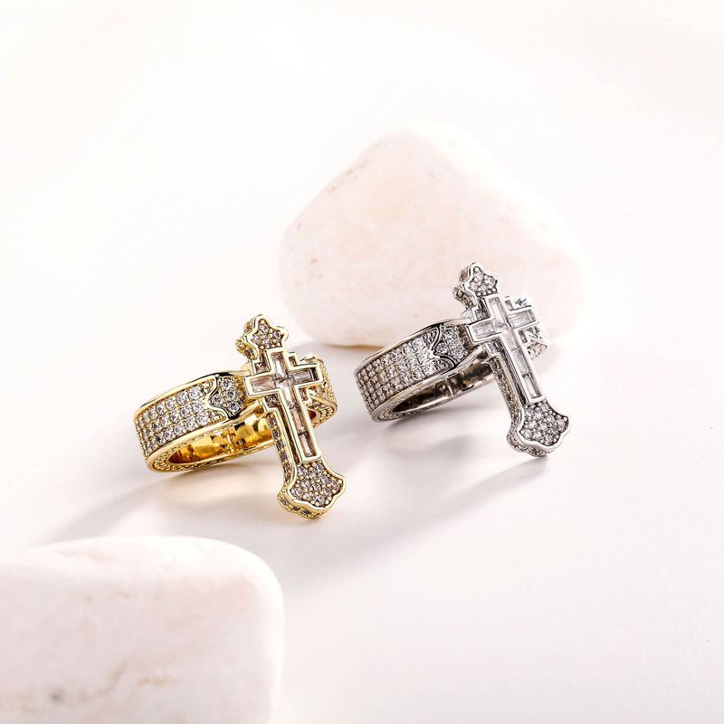New cross ring, micro-set diamonds, hip-hop style, high-end temperament couple rings, unisex design