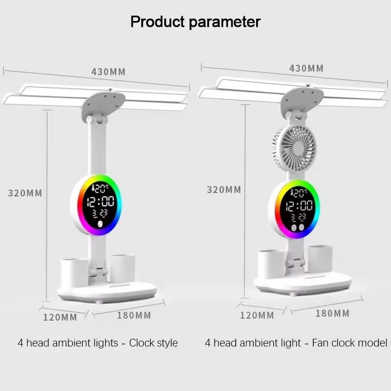 Eye-protecting LED desk lamp, foldable and rechargeable, 4-head ambient light with fan, dimmable smart desk lamp for students' dormitories