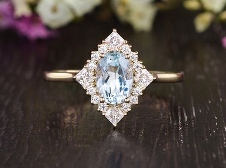 Women's Wedding Bands Australia  Aquamarine Oval Cut Engagement Ring, Vintage Art Deco Design