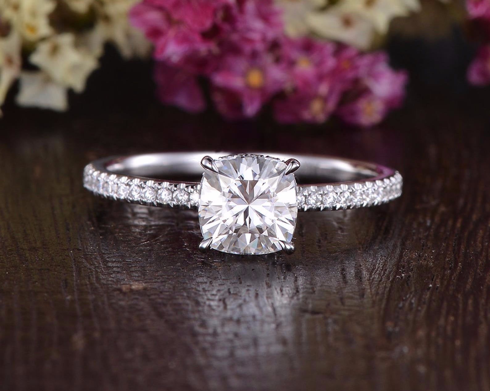 Affordable Wedding Bands Singapore  Cushion Cut Moissanite Engagement Ring, Hidden Halo Design