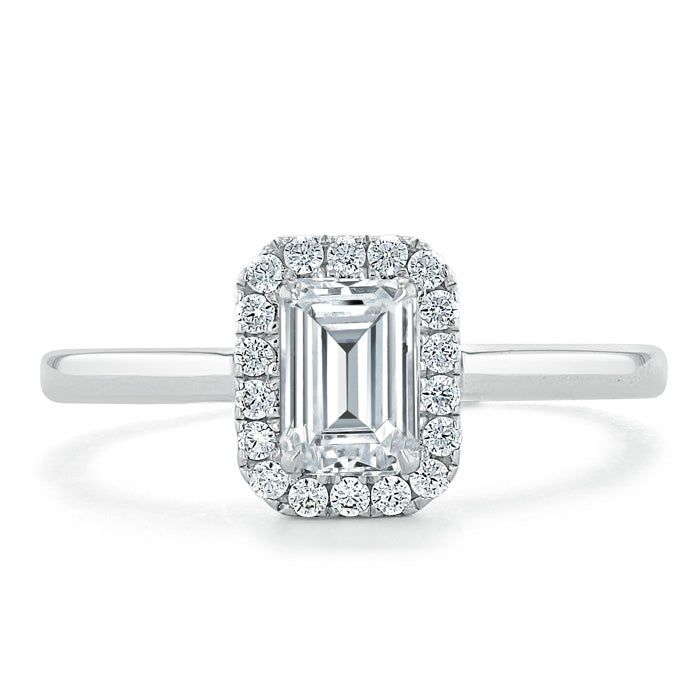 White Gold Engagement Rings Australia  Emerald Cut Moissanite Halo Engagement Ring