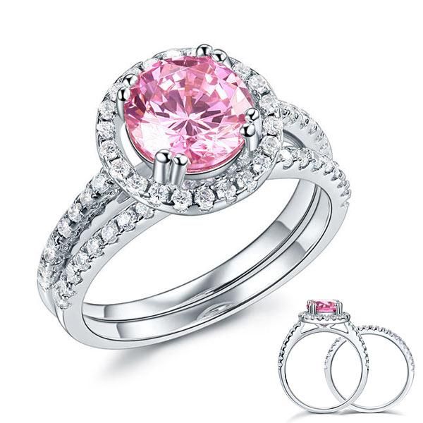 Auckland Wedding Rings  2.00ct Pink Diamond Halo, Bridal Ring Set, 925 Silver