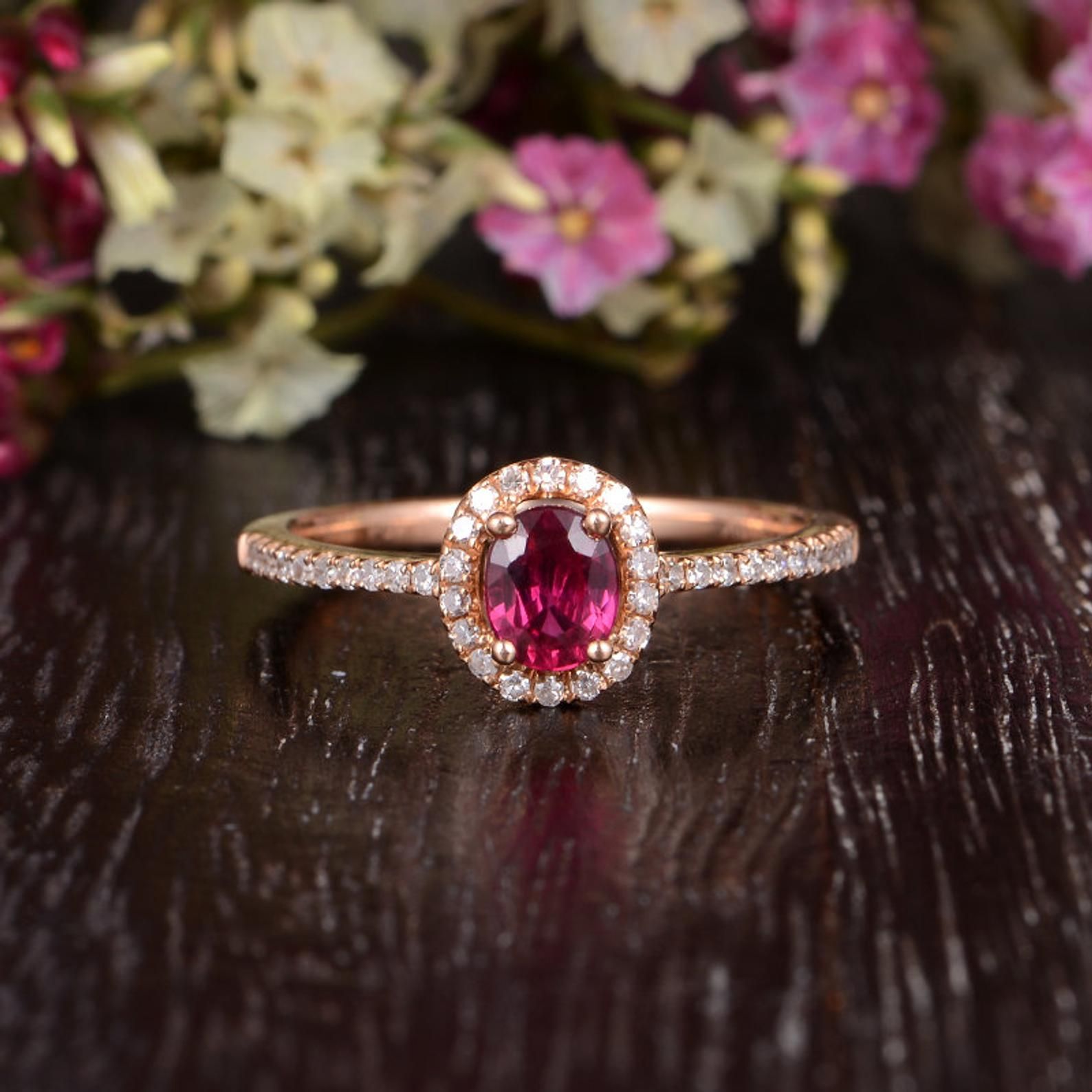 Rose Gold Engagement Rings Australia  Lab Created Ruby Halo Engagement Ring, Vintage Design, Oval Cut