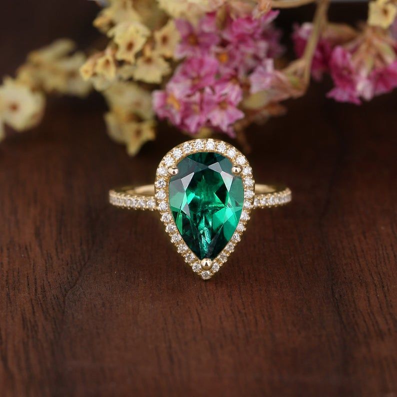 Bridal Earrings Singapore  Pear Cut Lab Grown Emerald Engagement Ring, Vintage Design