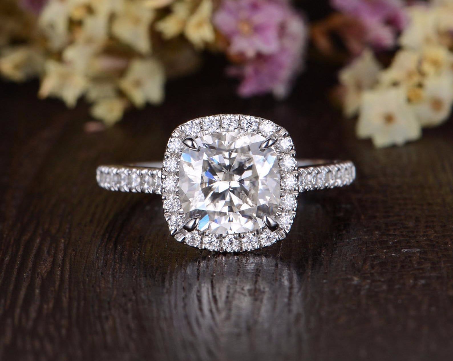 Wedding Jewellery Australia  Cushion Cut Moissanite Engagement Ring, Classic Halo Design