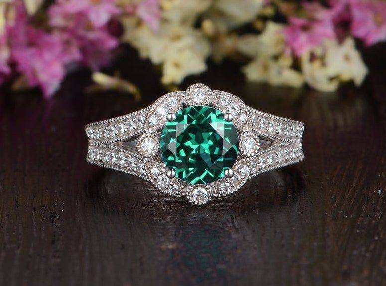 Engagement Rings Sg  Round Cut Lab Grown Emerald Engagement Ring, Vintage Design