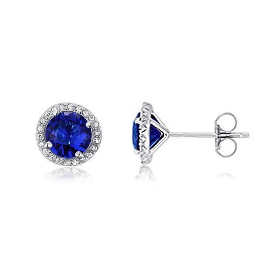 Bridal Sets Australia  1.00ct each, Blue Sapphire, Classic Round Cut Diamond Halo Stud Earrings, 925 Sterling Silver