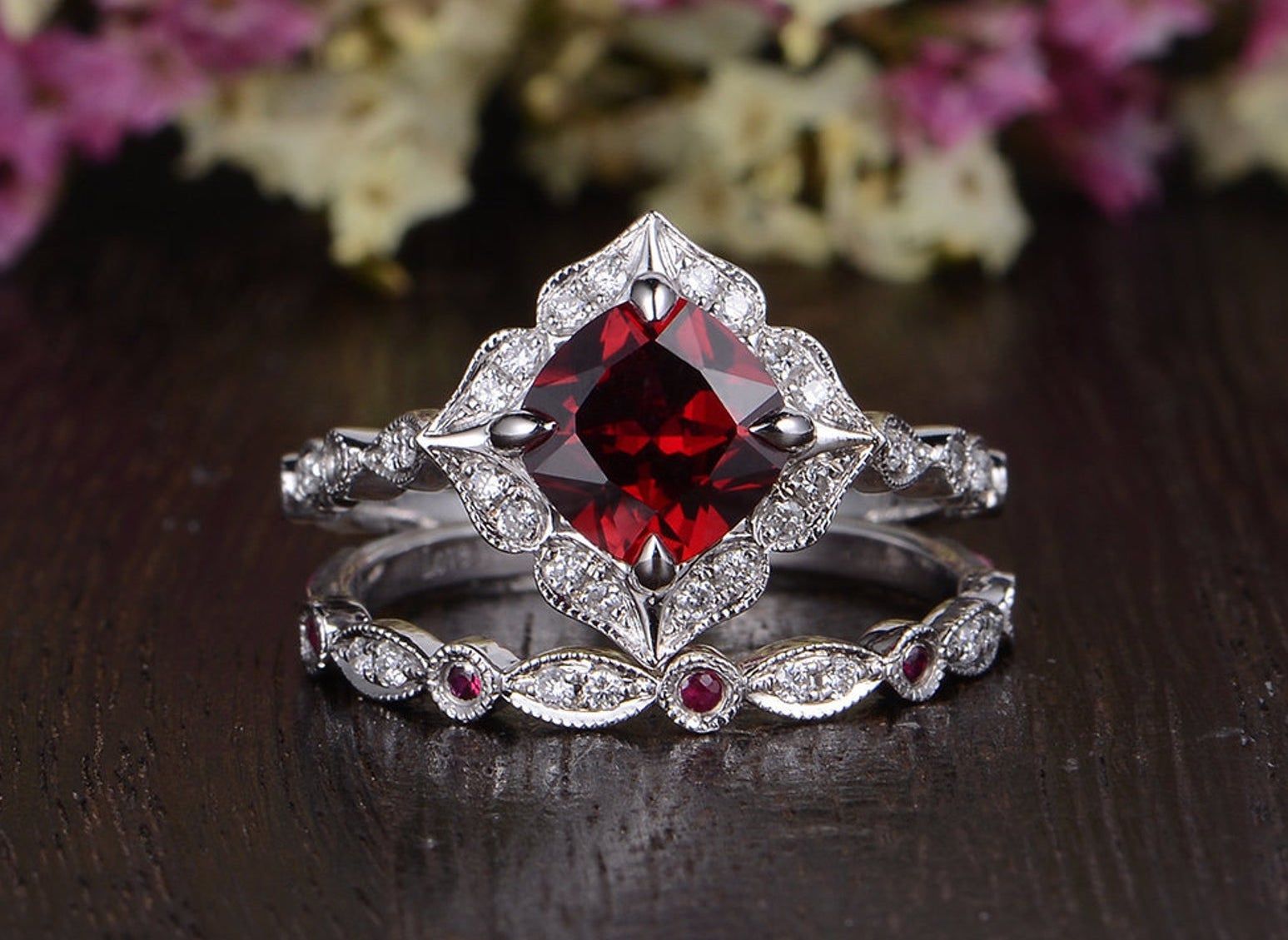 Affordable Wedding Rings Australia  Lab Created Ruby Engagement Ring, Art Deco Vintage Design, Cushion Cut