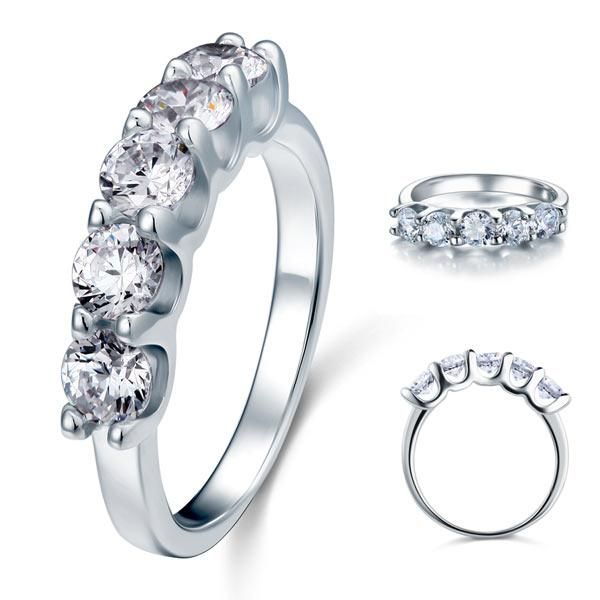 Platinum Wedding Ring Singapore  1.25ct 5 Stone Round Cut, Half Eternity Diamond Ring, 925 Sterling Silver