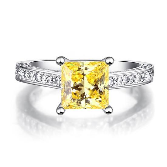 Wedding Ring Kuwait   1.50ct Princess Cut Yellow Diamond Engagement Ring, 925 Sterling Silver