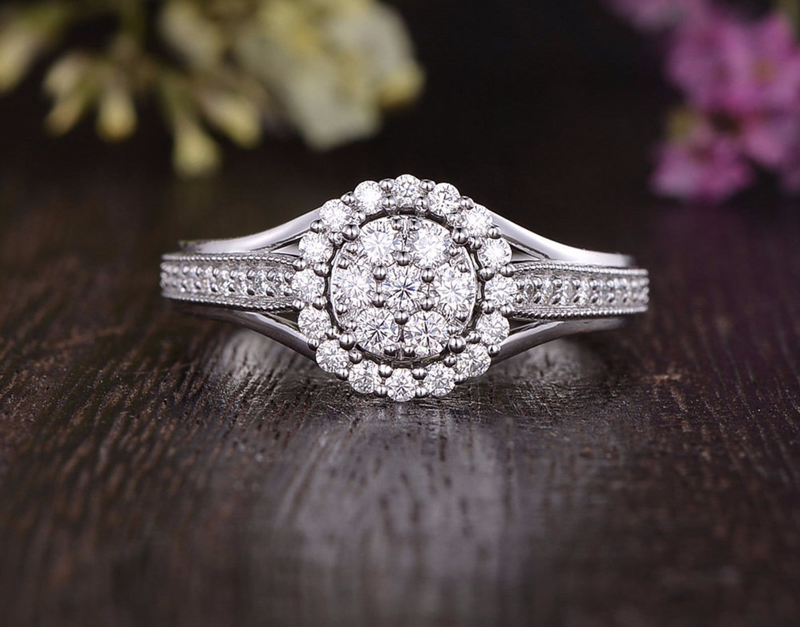 Engagement Rings Sg  Round Cut Moissanite Cluster Engagement Ring, Vintage Design