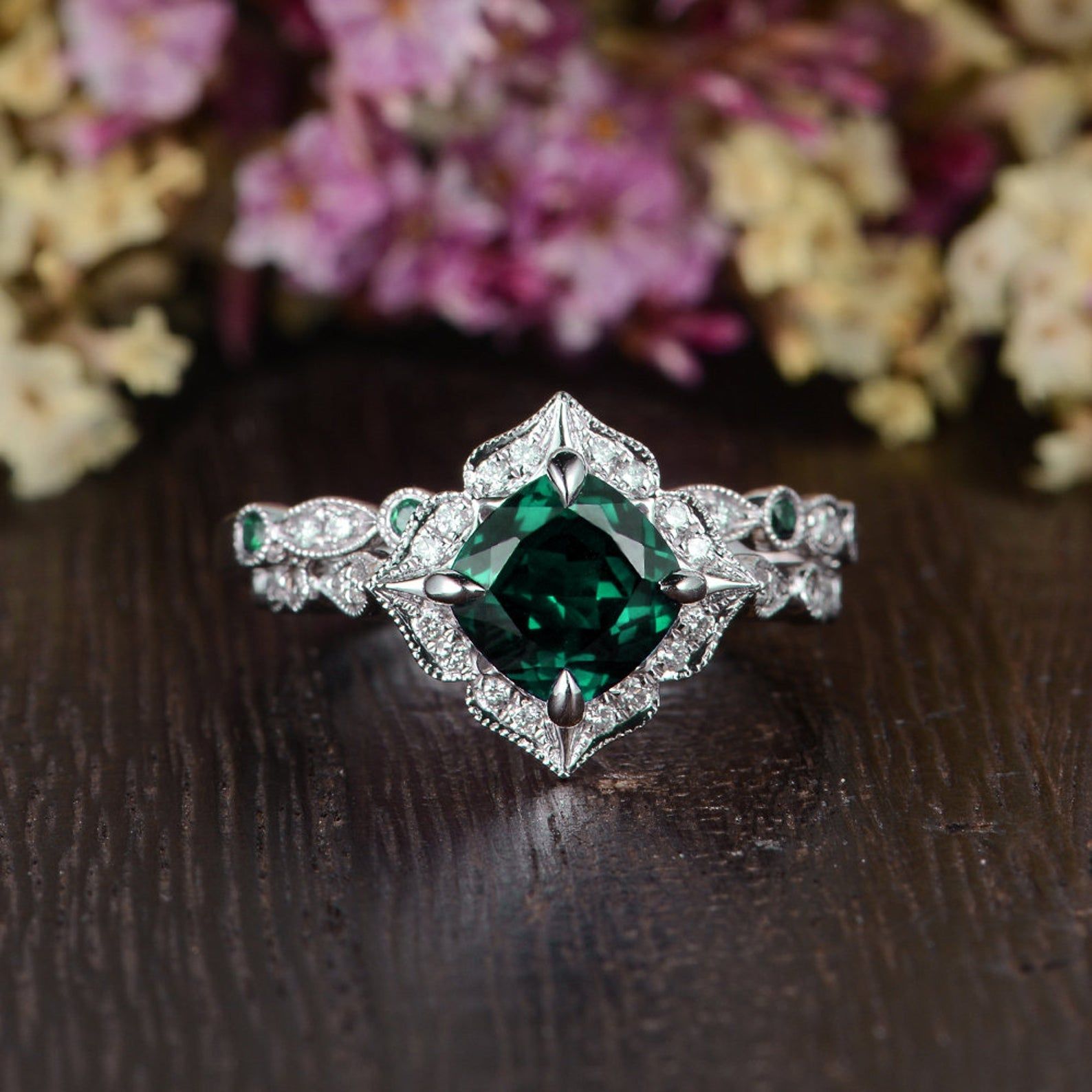 Wedding Jewellery Australia  Cushion Cut Lab Grown Emerald Bridal Ring Set, Vintage Design