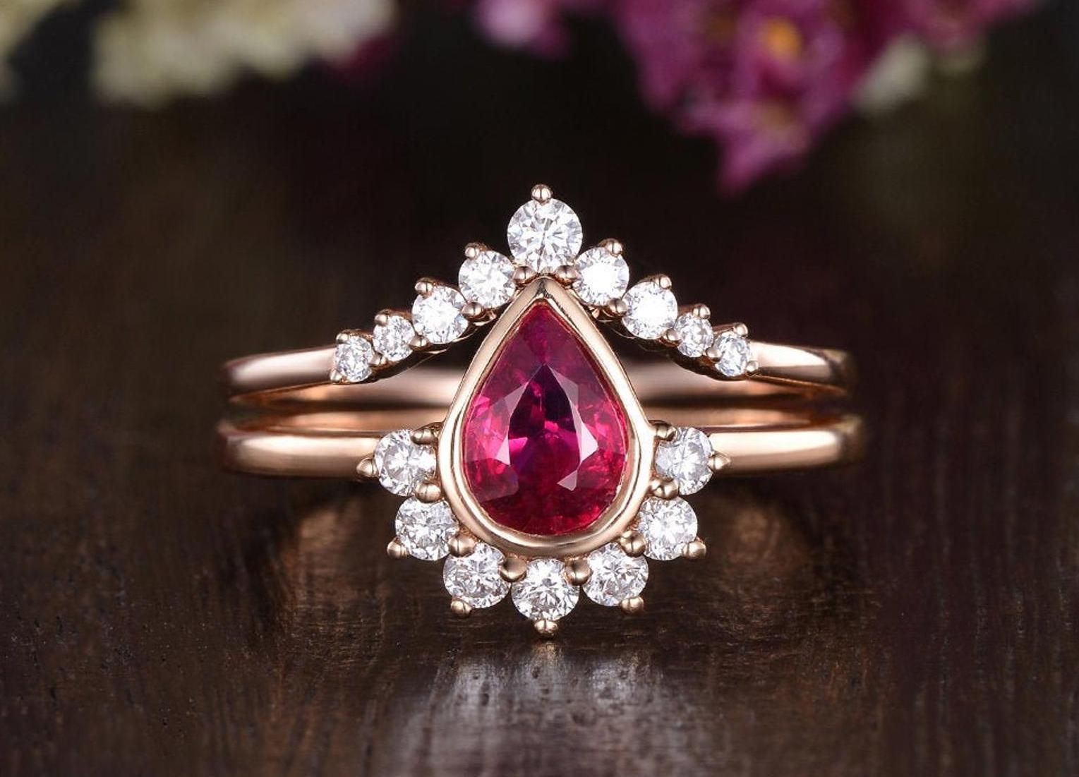 Rose Gold Engagement Rings Australia  Lab Created Ruby Engagement Ring, Art Deco Vintage Design, Pear Cut