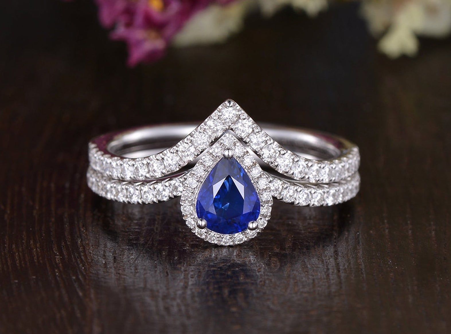 Affordable Wedding Rings Australia  Lab Created Blue Sapphire Ring Set, Art Deco Vintage Design, Pear Cut