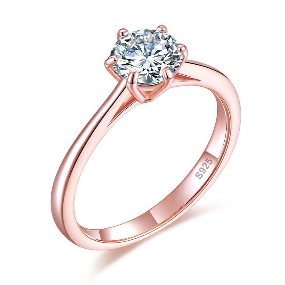 Wedding Ring Qatar  1.00ct Rose Gold, Classic Round Brilliant Cut Diamond Engagement Ring, 925 Sterling SilverRing